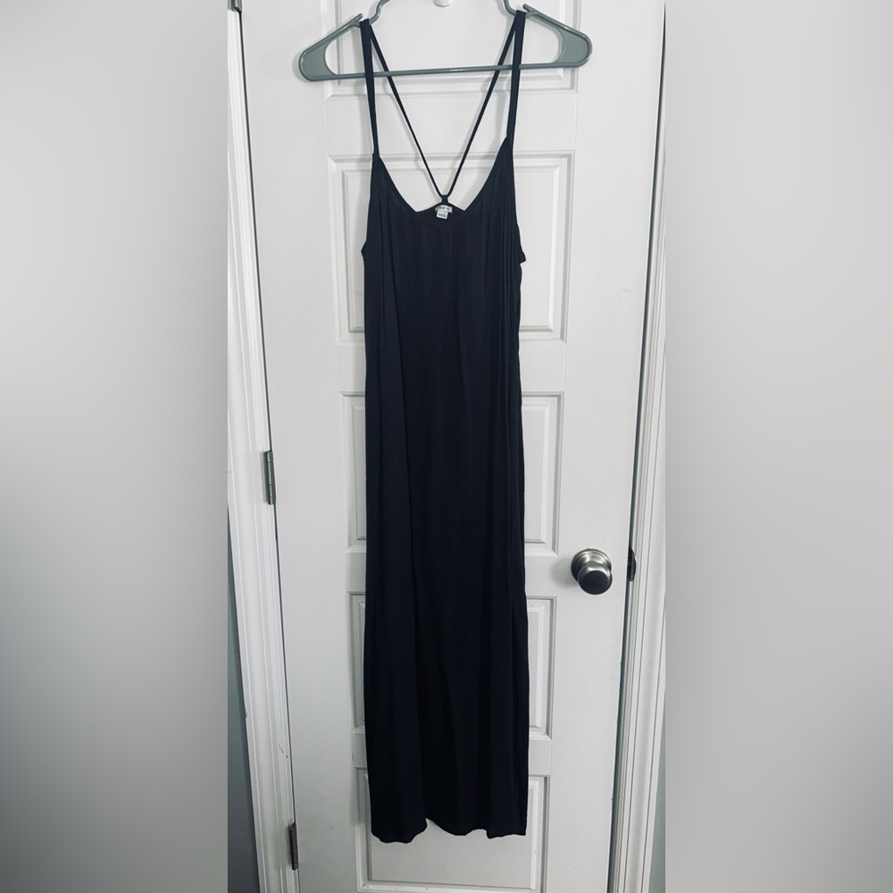 Aerie Black Strappy Maxi Dress L Sleek Minimalist Travel Beach Summer Boho